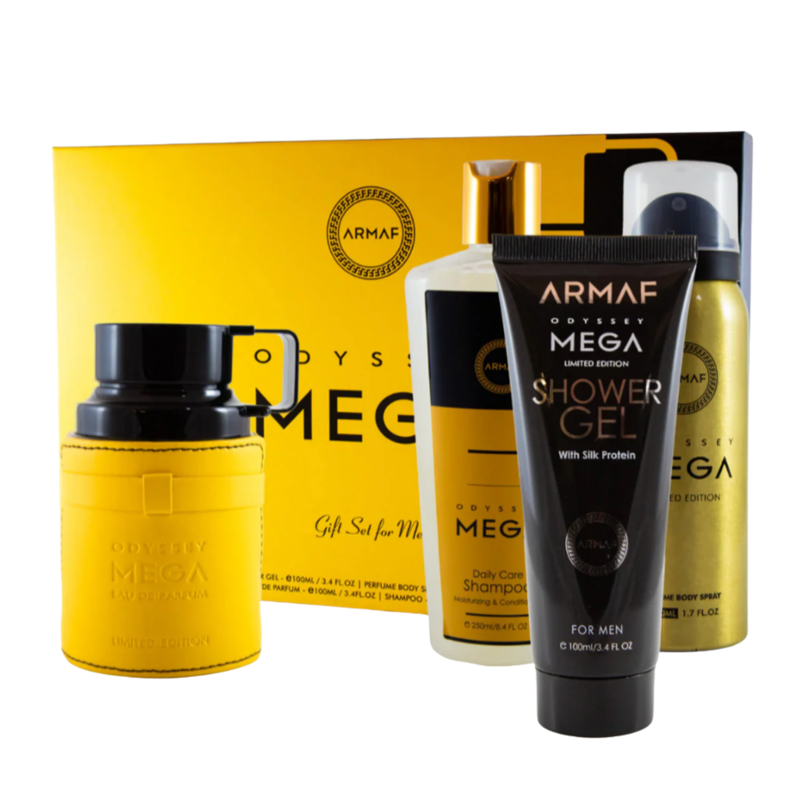 Armaf Odyssey Mega 4-Piece Set (100ml EDP Spray + 50ml Body Spray + 100ml Shower Gel + 250ml Shampoo)